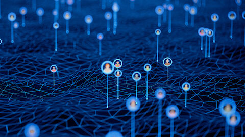 Circles filled with human faces scattered across a globe
